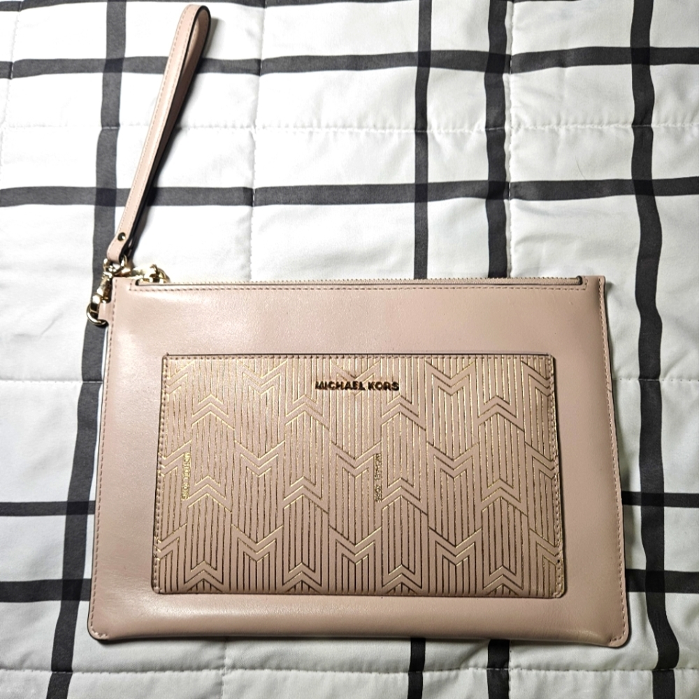 Michael Kors Blush Pink Monogram Gold Clutch